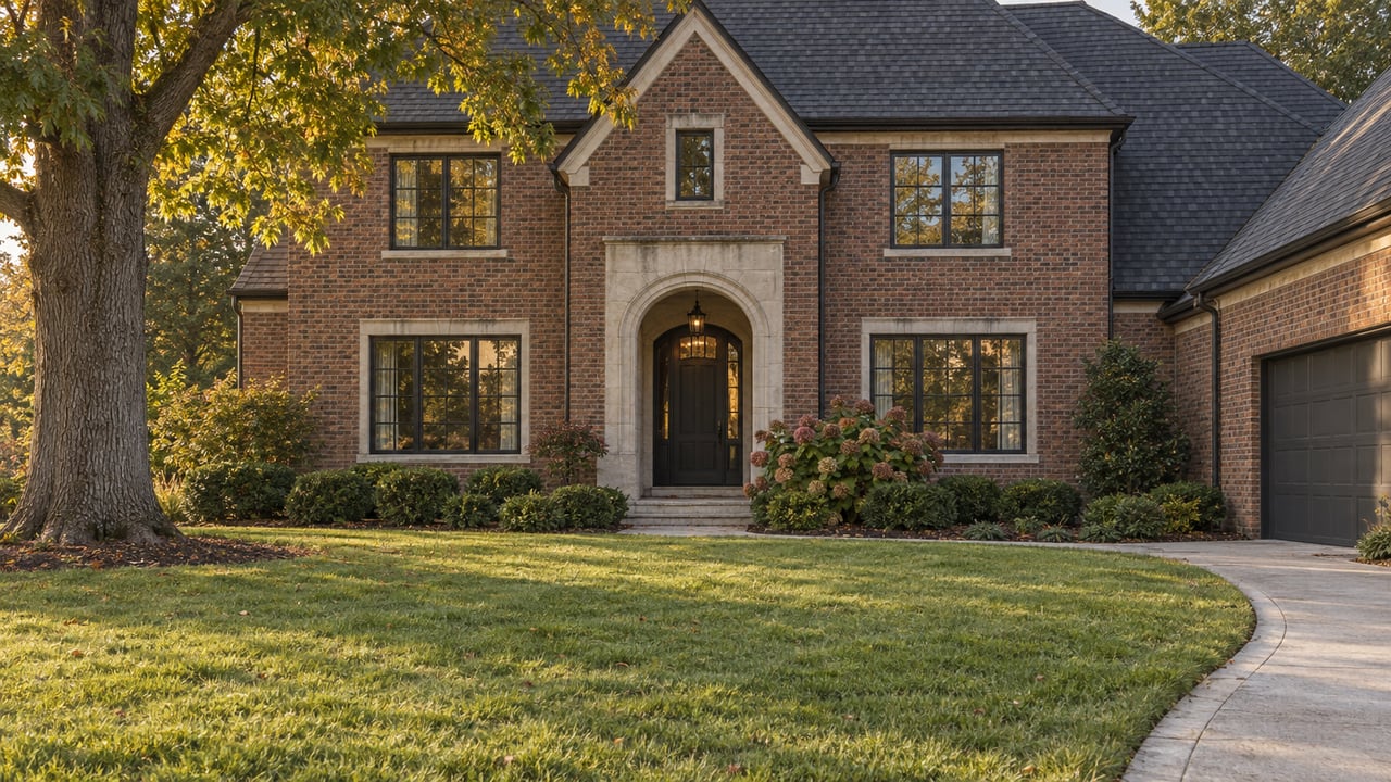 Two-story red-brown brick house with a recessed arched entry, slate-gray gables, and a curved concrete walk.
