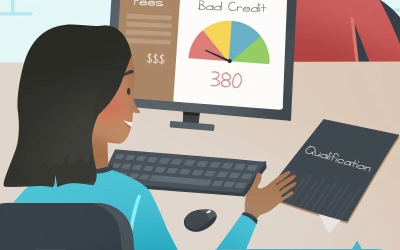 Illustration of a woman reviewing a 380 credit score and qualification document.