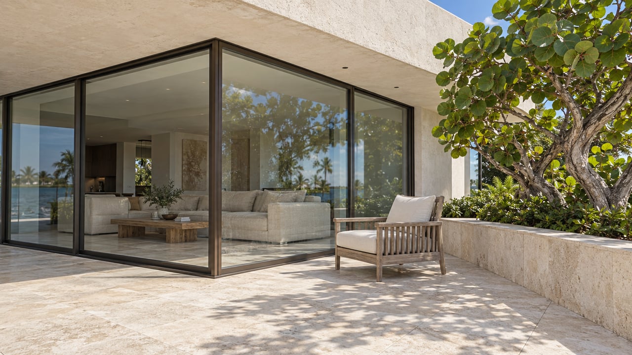 Cream stucco waterfront home with bronze-framed glass, a pale limestone terrace, weathered teak lounge chair and a sculptural sea grape tree in a raised stone planter.