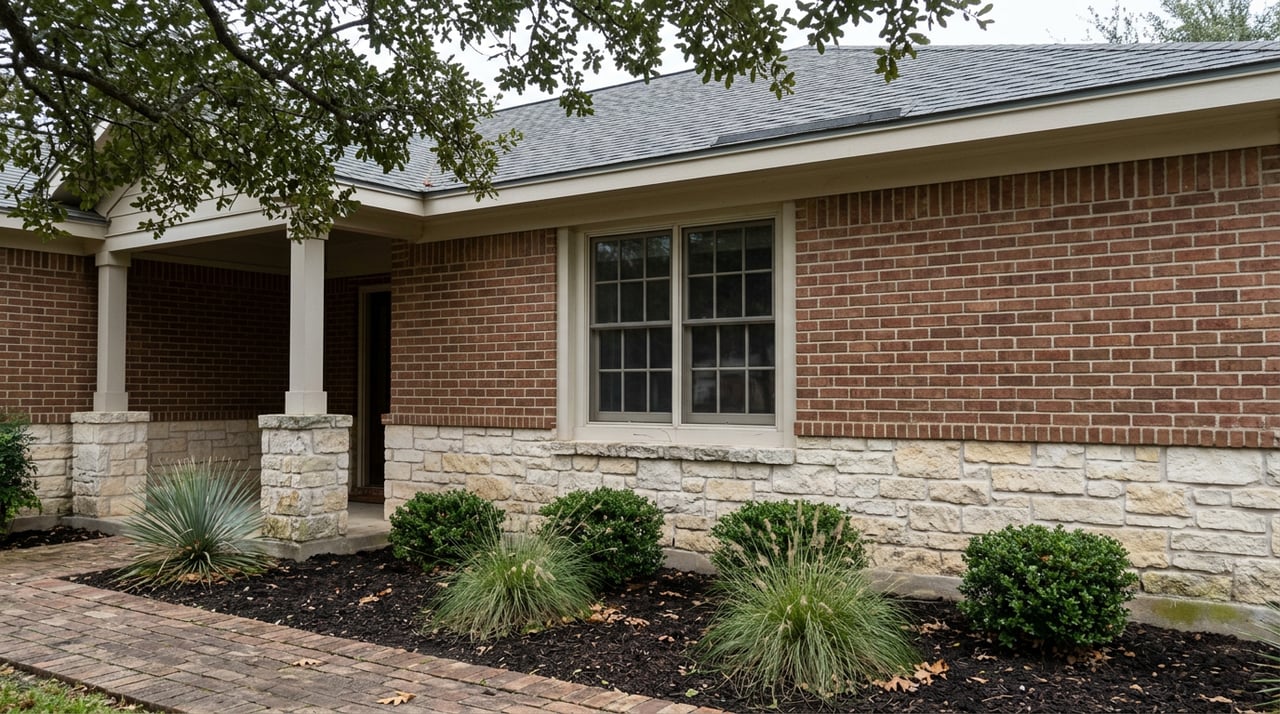 A limestone porch pier beside a brick wall, with a divided-light window and live oak branches overhead.