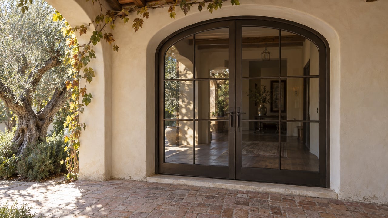 Arched courtyard doors with dark bronze frames, brick paving, and a gnarled olive tree beside a late-season vine.