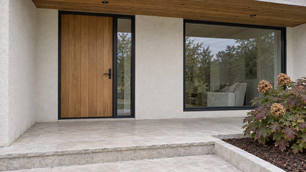 Sheltered wood front door beside a black-framed window, pale limestone steps, and an oakleaf hydrangea with autumn foliage.