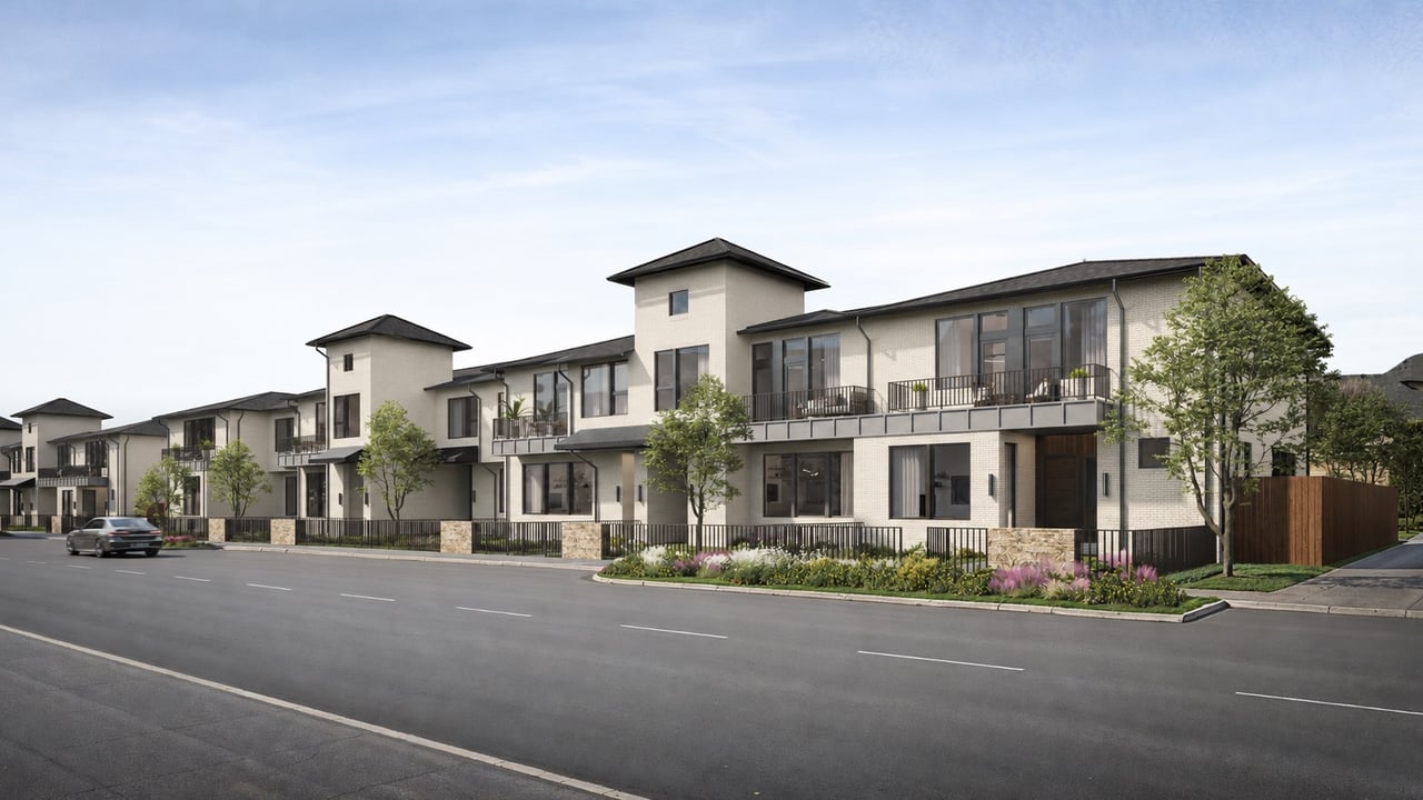 Southstone Yards development of modern two-story homes with balconies and landscaped front yards.