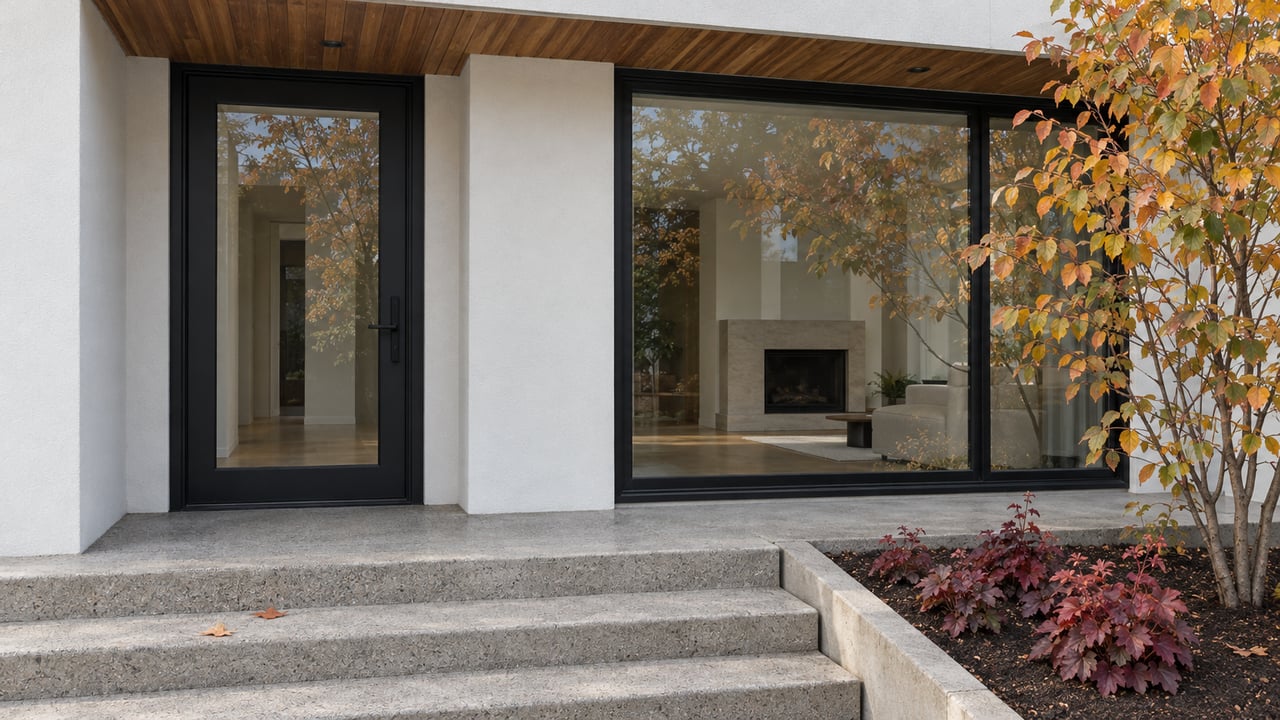 Contemporary home's black-framed glass entry and window beneath a warm wood soffit, beside copper-gold serviceberry leaves and concrete steps.