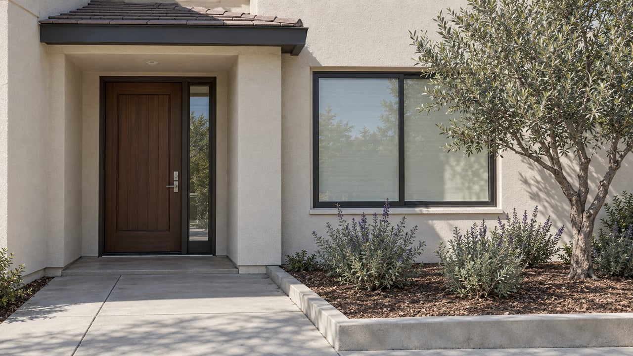 Sunlit stucco home entry with a brown wood door, charcoal-framed window, concrete approach and an olive tree in a raised planting bed.