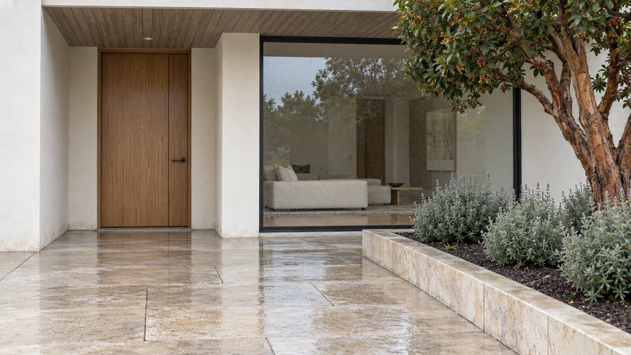 Rain beads on a modern home's glazed window beside an oak entry door, with wet limestone paving and a sculptural strawberry tree.