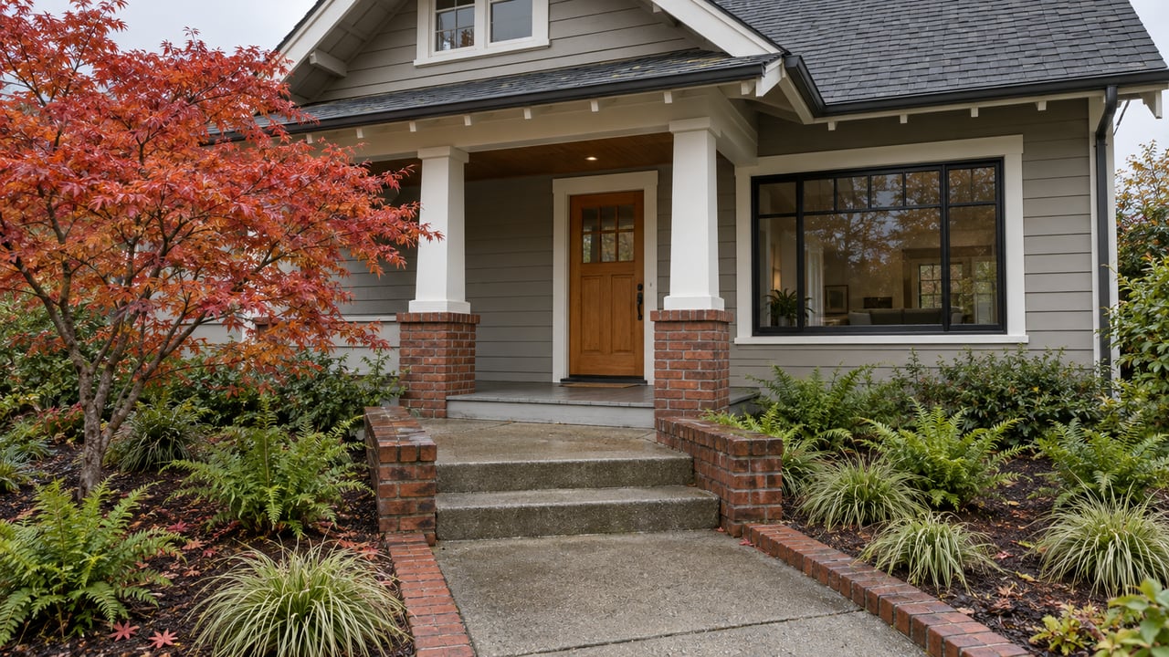 An updated gray timber house with a covered porch, brick-bordered concrete approach and copper-red Japanese maple in autumn daylight.