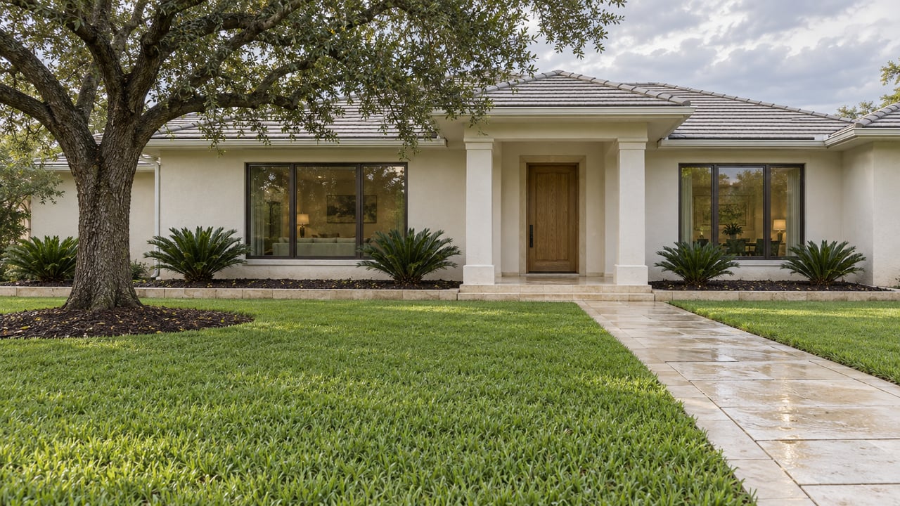 An ivory stucco home with a pale gray tiled roof, broad front lawn, limestone approach, and spreading live oak after rain.