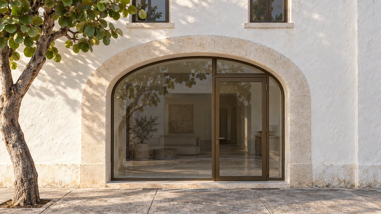Chalk-white coastal facade with a limestone-framed arched glass entrance and sea grape tree at the sidewalk.