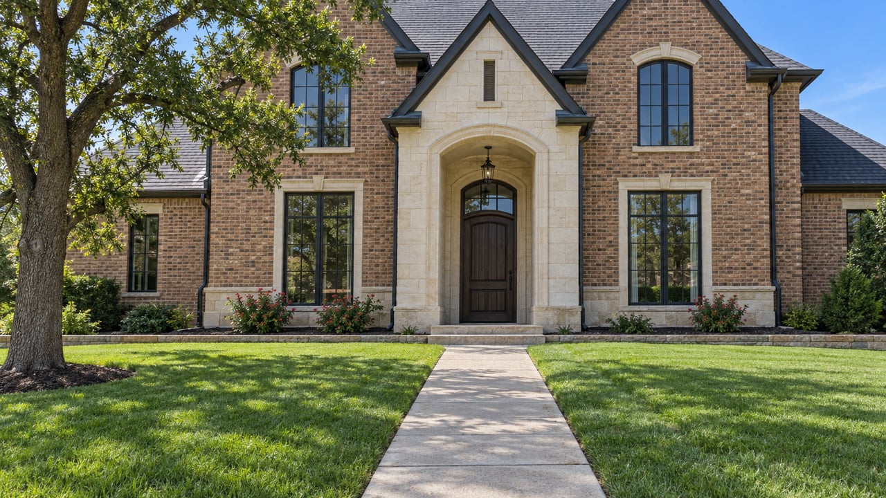 Two-story russet-brick home with a limestone arched entry, deep front lawn, and a mature oak in clear daylight.