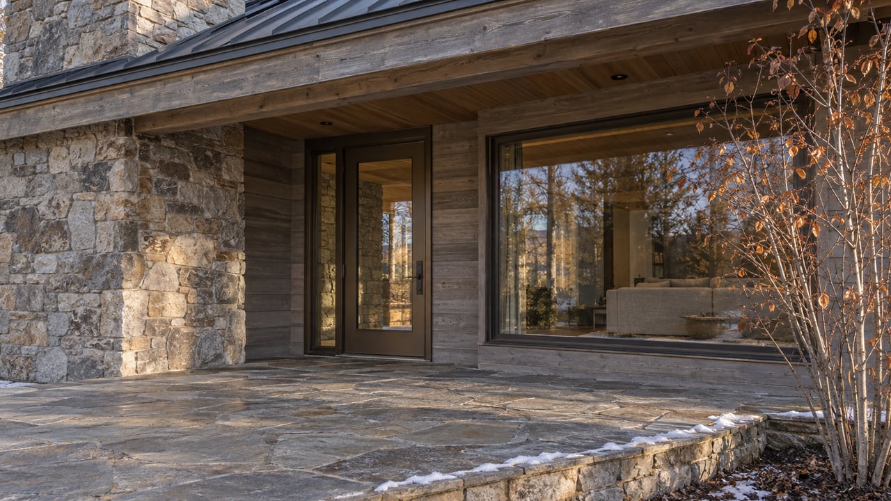 Covered entry of a timber-and-stone home with bronze-framed glazing, sandstone paving and a trace of early snow.
