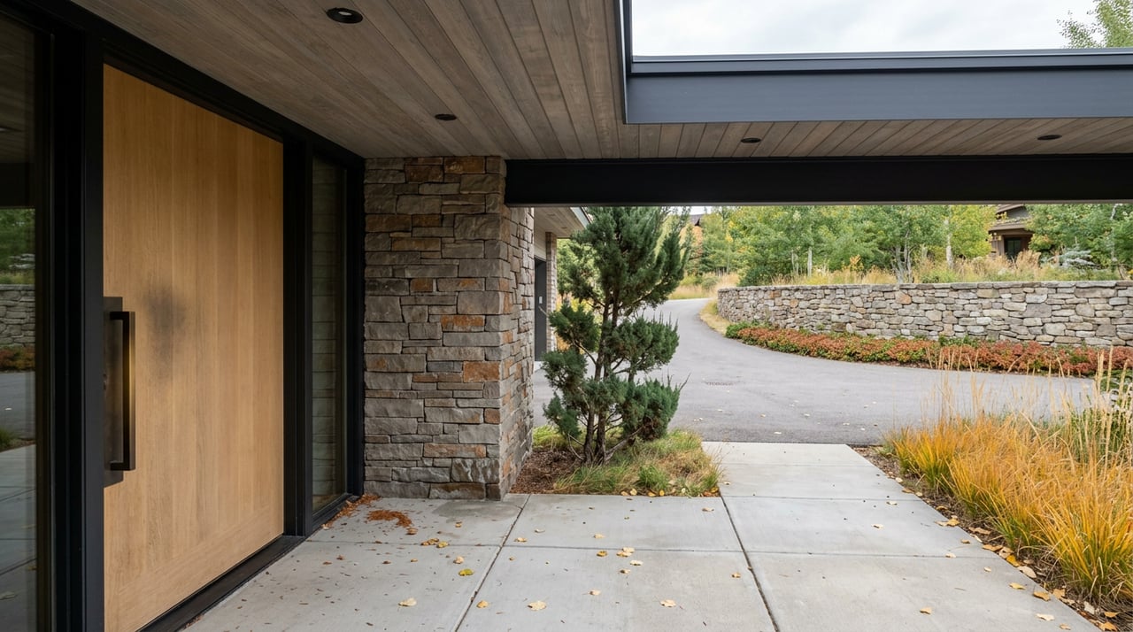Oak pivot door beside a stacked-stone pier, with a sculpted juniper and golden grasses lining the paver entry.