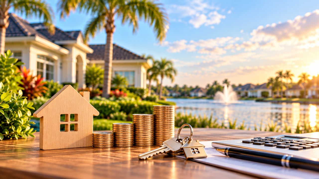 Wooden house model, keys, coin stacks, and calculator overlook a palm-lined lakefront neighborhood.