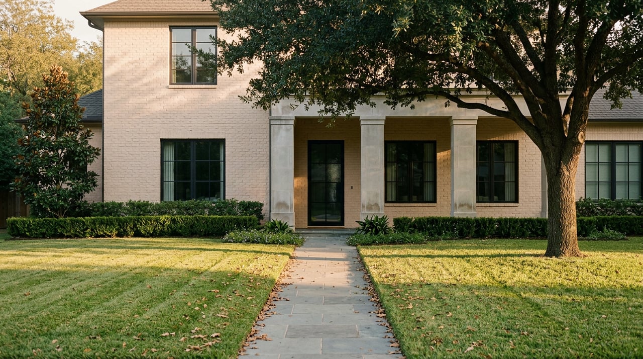 Two-story brick-and-limestone house beyond a broad lawn, with a bluestone path and a sprawling live oak.