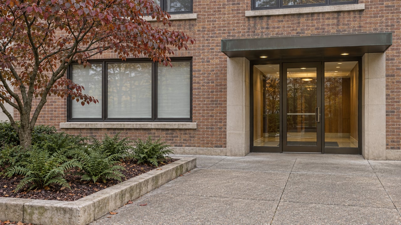 Established brick condominium entrance with bronze-framed glass, limestone trim and an autumn dogwood beside a paved approach.