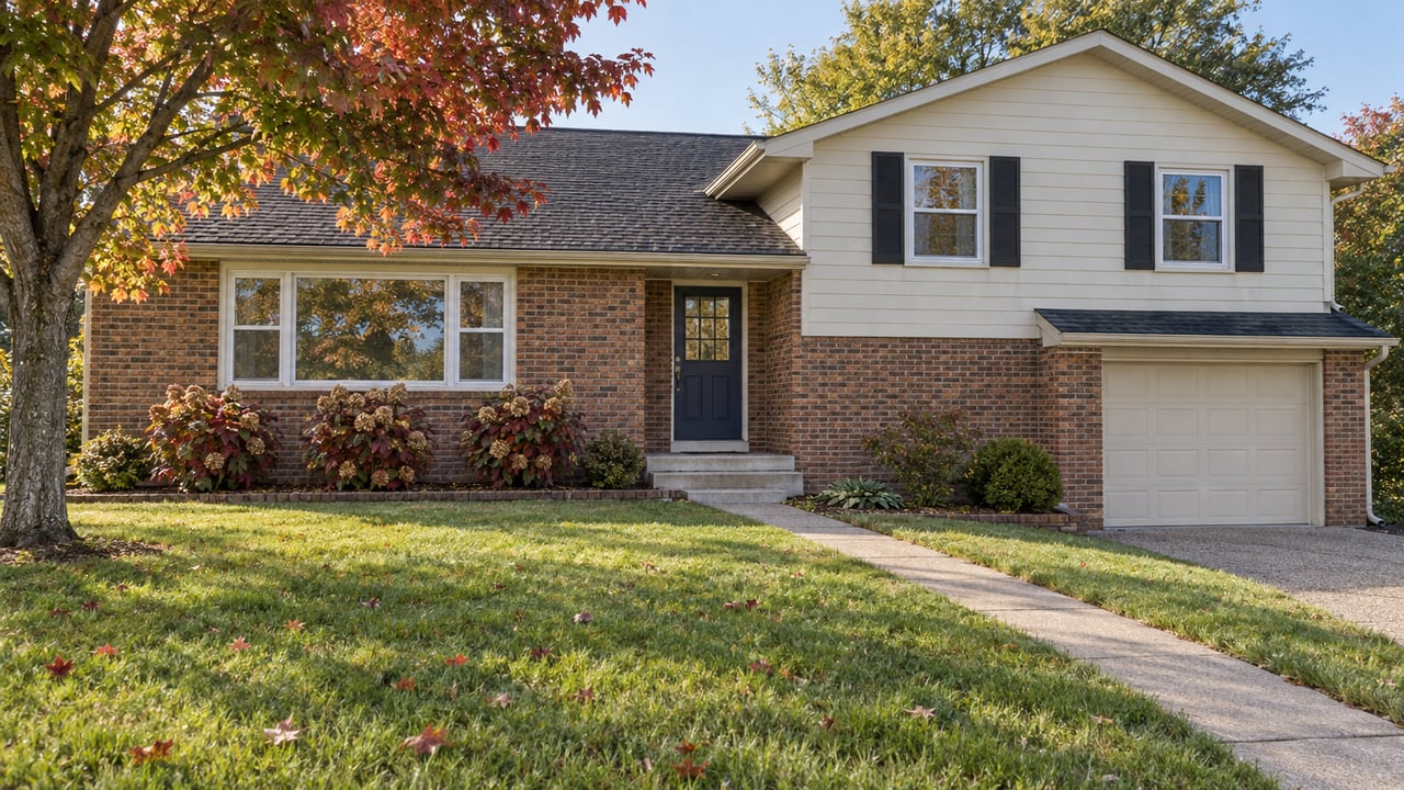 Brick-and-ivory split-level home behind a deep autumn lawn, with a maple tree, hydrangeas and a concrete entry walk.