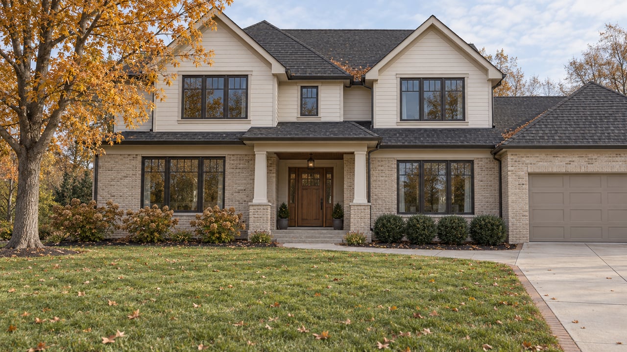Two-story ivory-sided and buff-brick home beyond a deep autumn lawn, with copper maple foliage and a broad concrete approach.