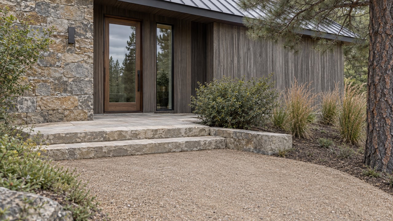 Custom home entrance with stone and cedar facade, limestone steps, curving gravel approach, and native grasses.