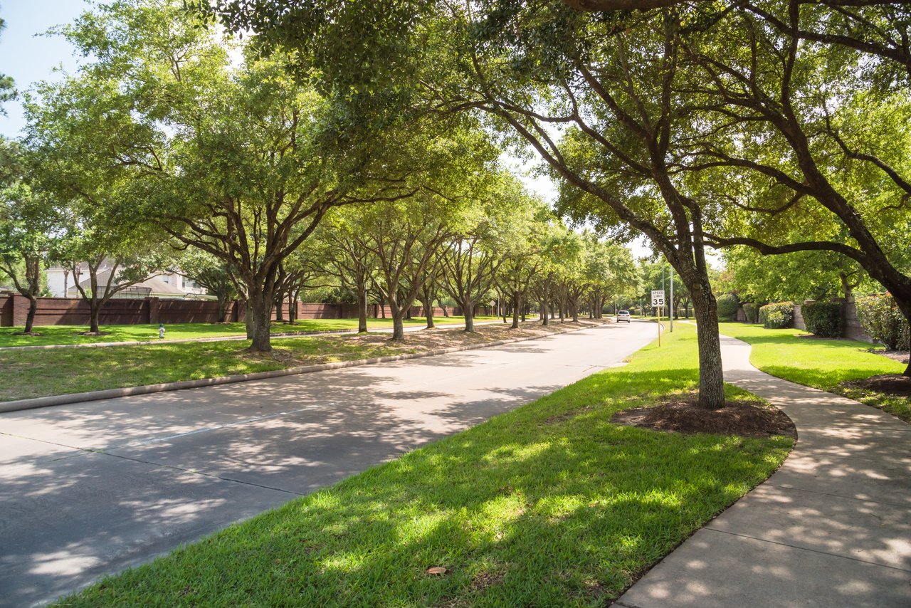 Tree-lined Tanglewood street with wide sidewalks, green lawns, and a 35 mph sign.