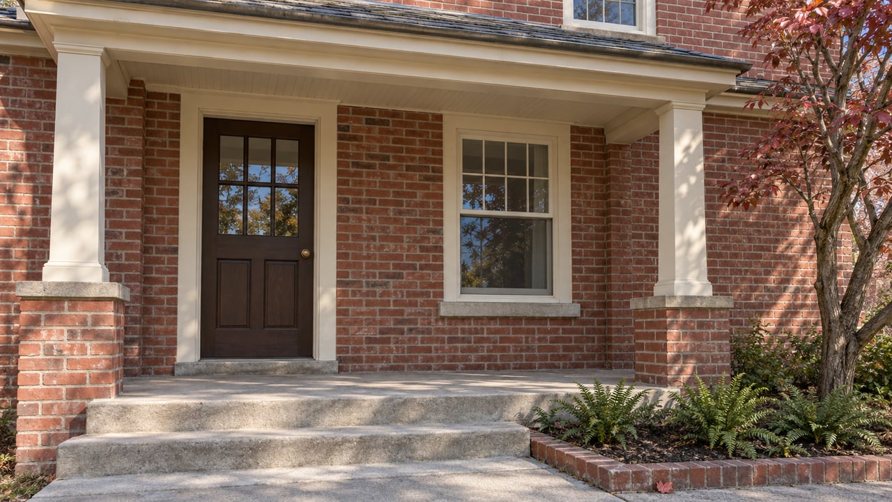 A red-brick house entry with cream-painted porch posts, a dark wood door and worn concrete steps beside a dogwood with autumn leaves.