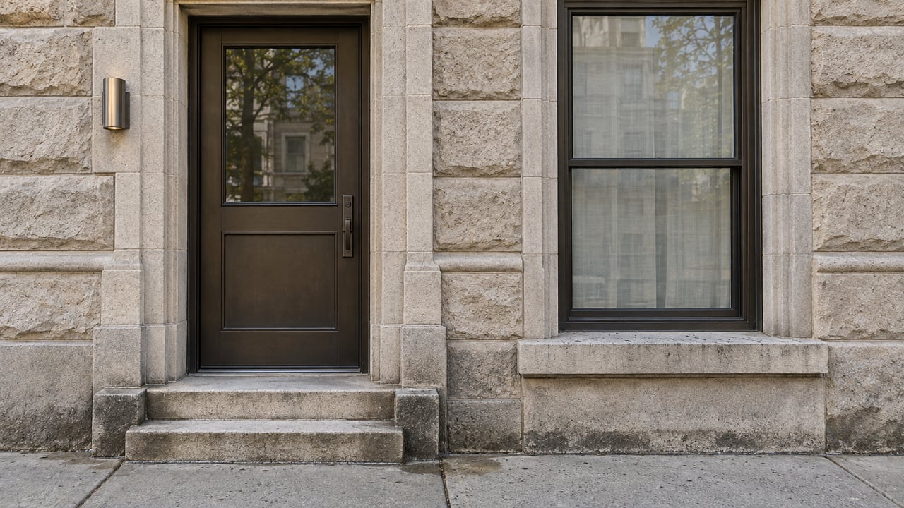 Bronze entry door and tall window set in weathered limestone above shallow steps and a concrete sidewalk.