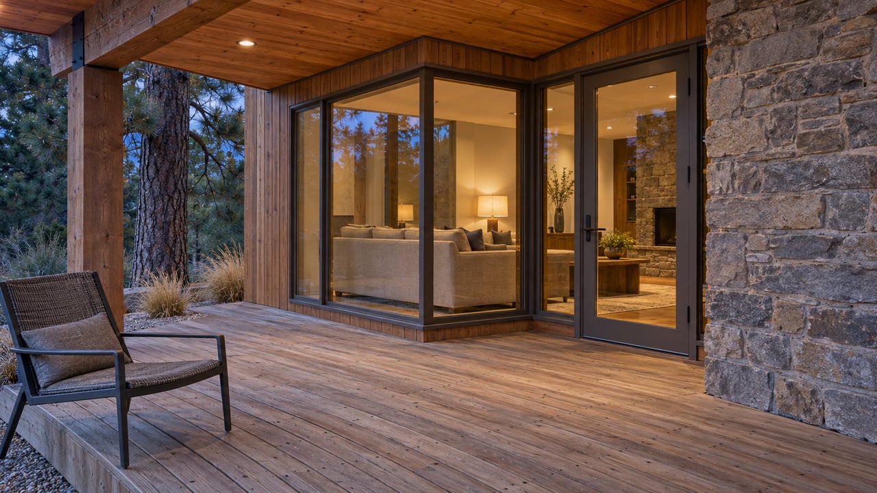 Covered cedar deck at blue hour with a stone chimney, bronze-framed windows and a warmly lit living room.