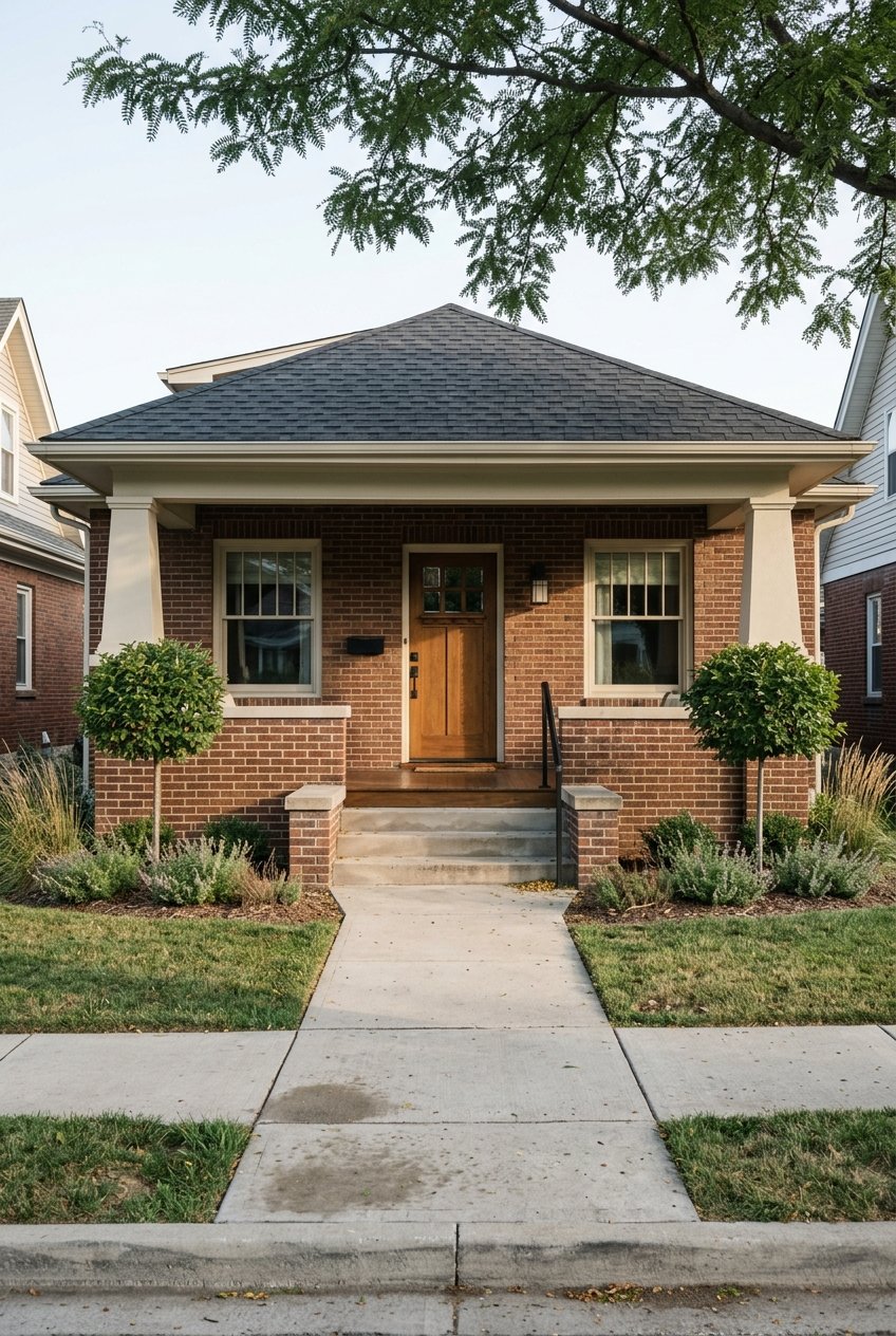 Historic brick bungalow porch framed by mature trees and neatly planted landscaping.