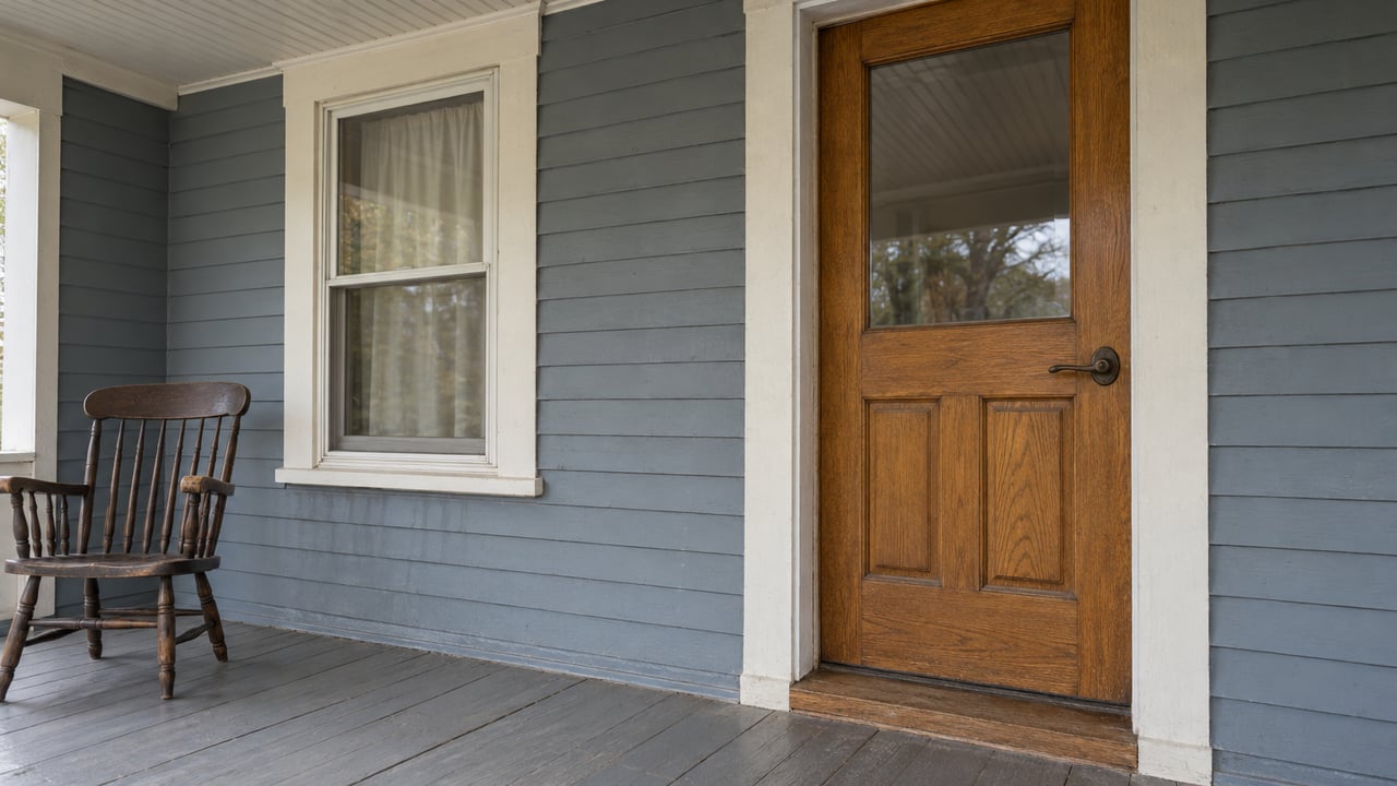 A weathered blue-gray bungalow porch with an oak entry door, white-trimmed window, and a single wooden chair.