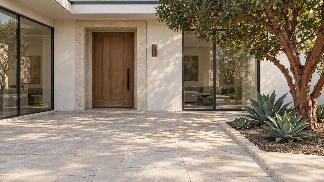 Warm morning light across a pale stucco home, oak entry door, limestone courtyard paving and sculptural planting.
