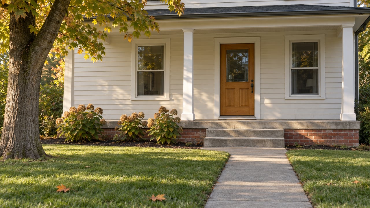 Ivory clapboard house with an oak front door, brick porch foundation, and an ambering maple beside the lawn.