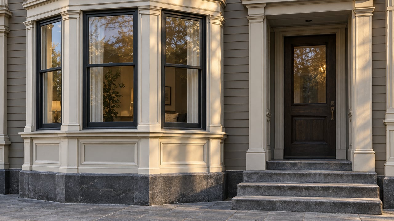 Warm afternoon light on a gray timber bay window and recessed oak entrance above worn stone steps.