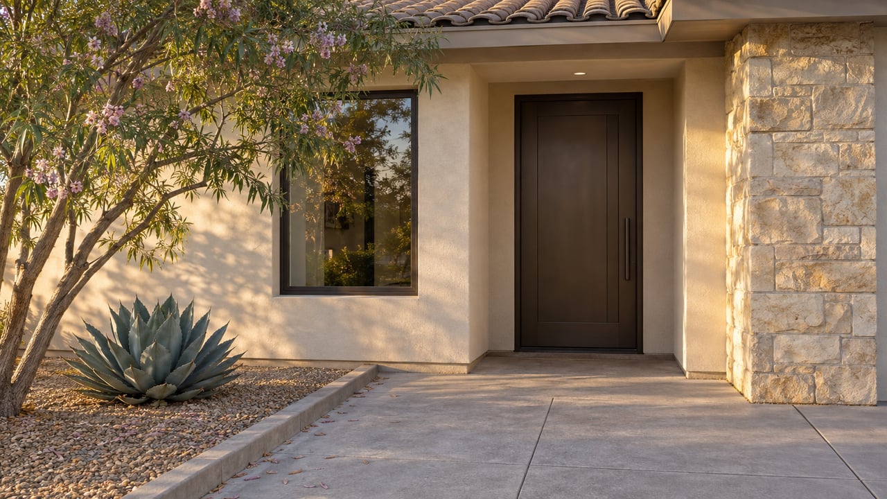 Suburban home entry with a dark bronze door, limestone pier, broad concrete approach, and leafy desert willow.