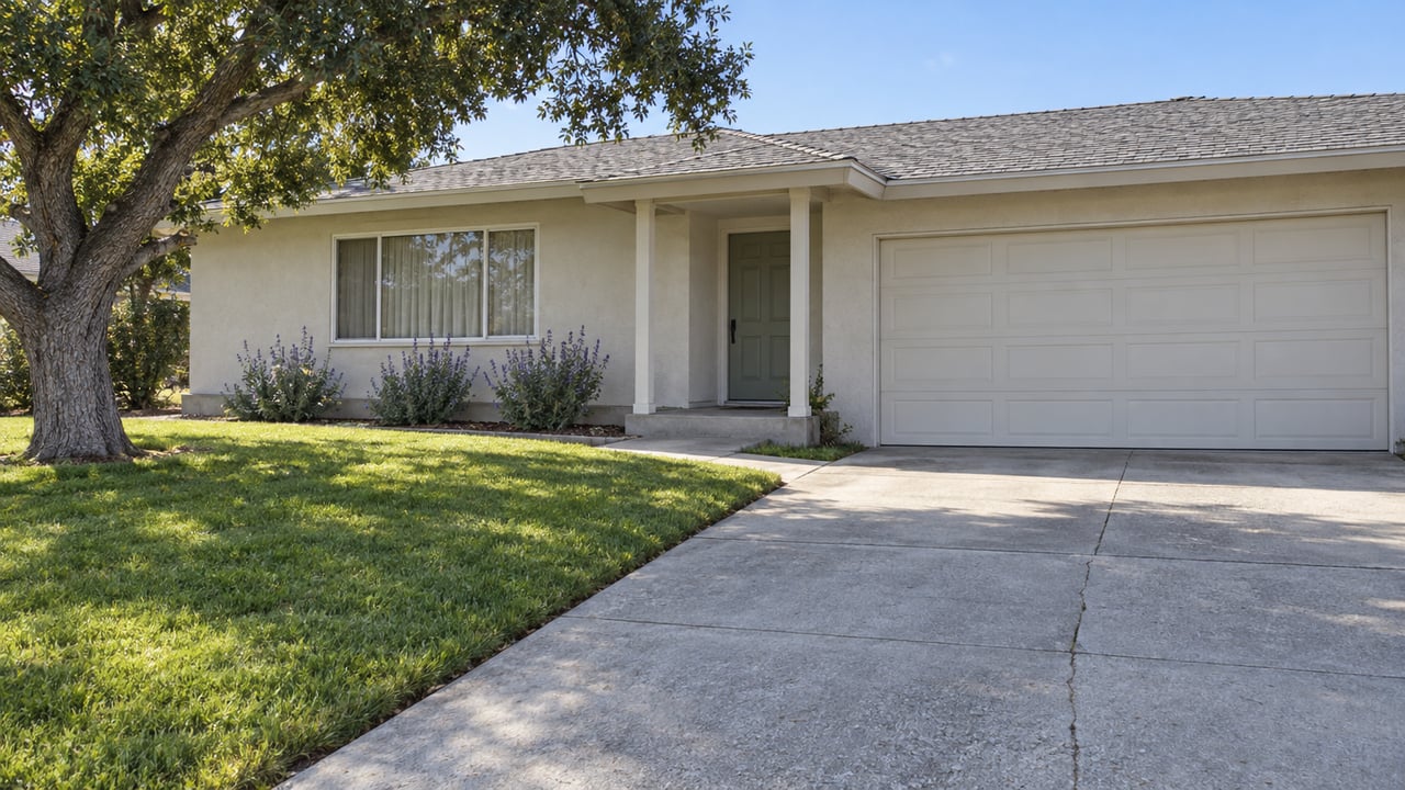 Sunlit single-story stucco ranch with a deep concrete driveway, broad front lawn, mature oak and attached two-car garage.