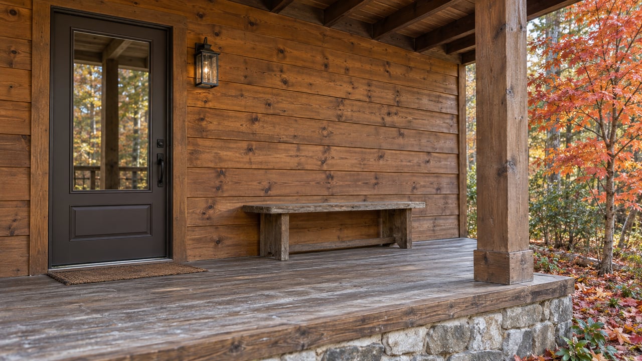 Weathered cedar porch with a closed glazed entry door, stone foundation, wooden bench, and an orange-red maple beside the raised deck.
