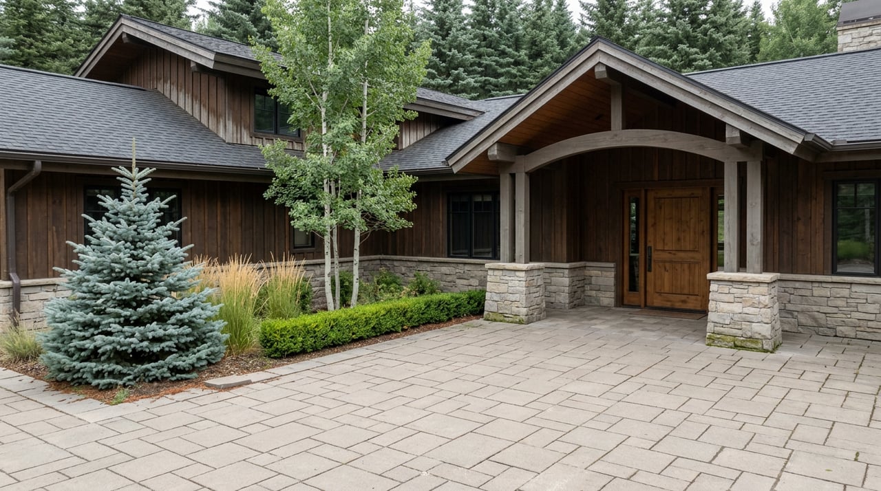 Timber-and-stone lodge entry with dark cedar siding, a paver motor court, and conifers behind.