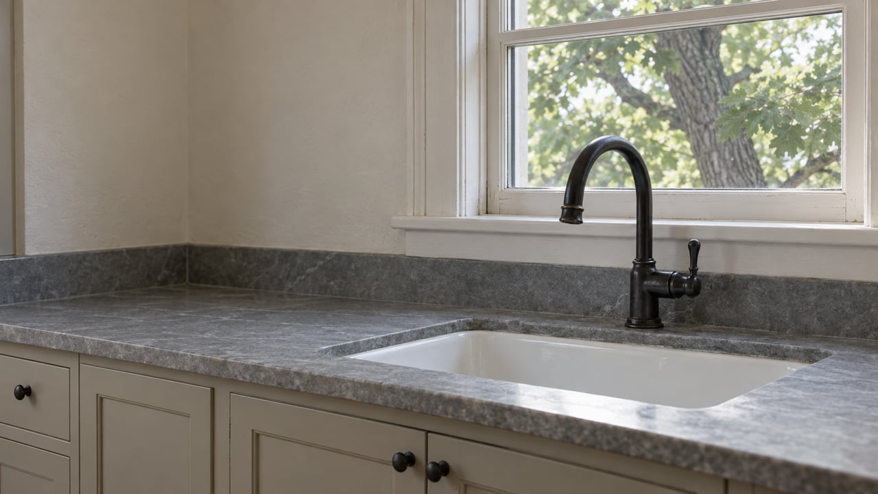 White enamel sink beneath a double-hung window, with a black faucet and oak leaves outside.