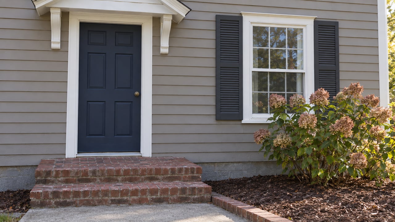 Clapboard home entrance with a navy door, paired window shutters, worn brick steps and autumn hydrangea flowers.
