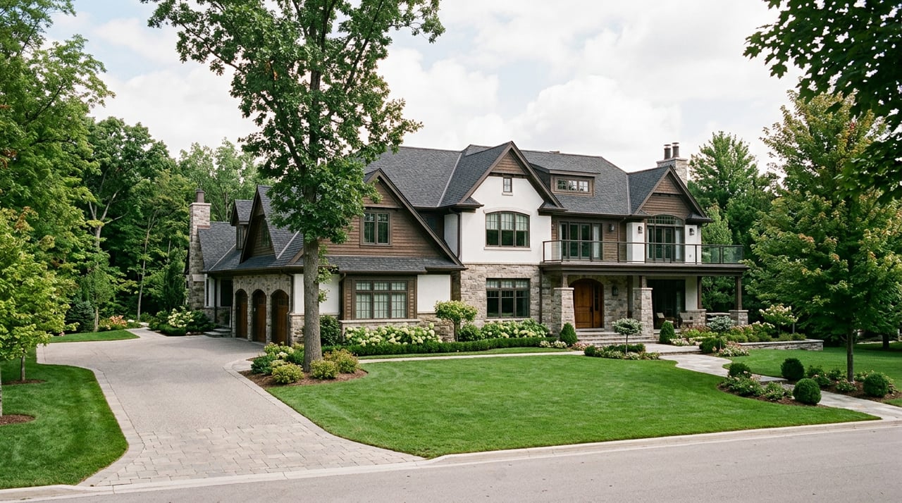 Large two-story residence with a deep front lawn, curved driveway, and mature trees.