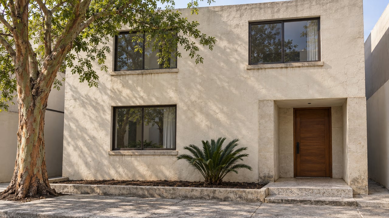 Two-story cream-stucco home with dark-framed windows, a recessed wood entry, and a narrow planted bed.
