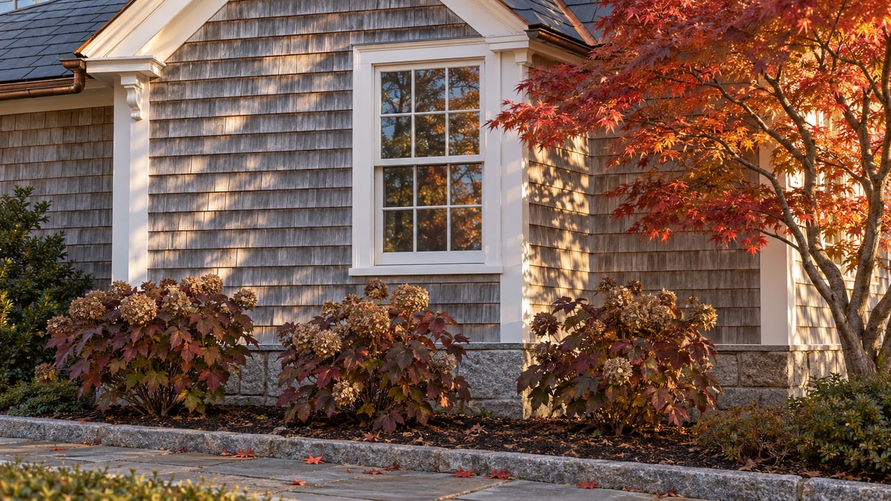 Autumn sunset lights a weathered cedar-shingle house, white-trimmed window, red Japanese maple and oakleaf hydrangeas above a granite foundation.
