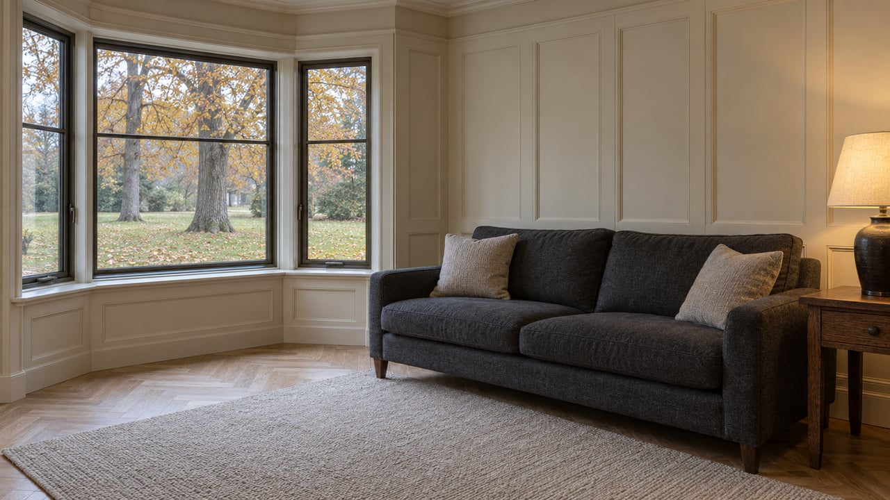 A charcoal sofa and warm table lamp beside a closed bay window in a pale paneled sitting room, with autumn maple trees outside.