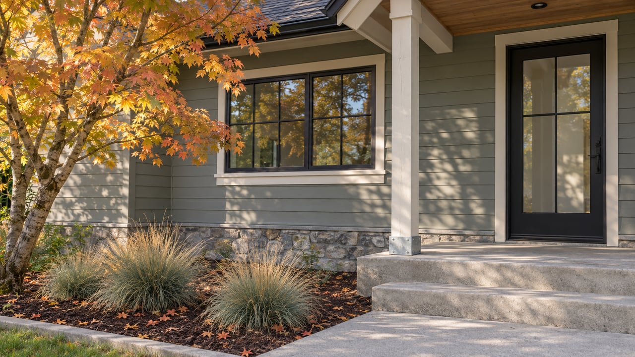 Autumn maple leaves beside a gray-green house entry with black-framed glazing, stone foundation and concrete steps.