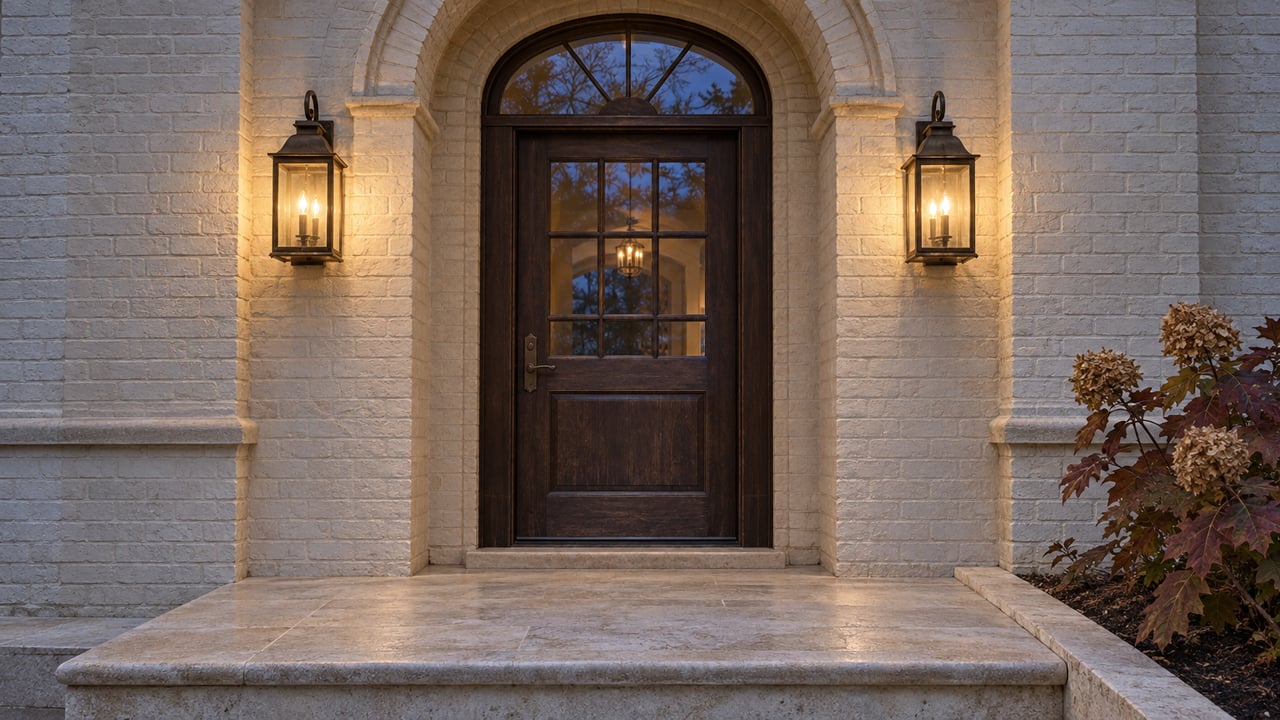 Ivory painted-brick arched entry with a dark wood glazed door, paired warm bronze lanterns and worn limestone steps at dusk.