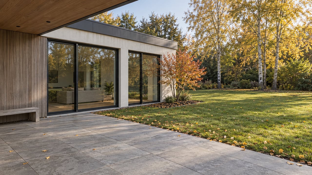 A covered limestone terrace beside a contemporary stucco and cedar home opens onto a deep lawn and golden-leaved aspens.