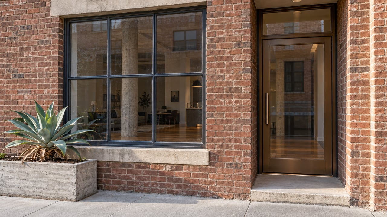 Sunlit brick loft frontage with a bronze-framed glass entry, tall steel window and one agave in a concrete planter.