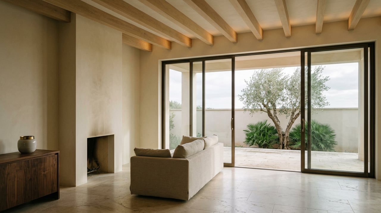 Linen sofa beside a plaster fireplace, with an olive tree visible through glass doors above limestone flooring.
