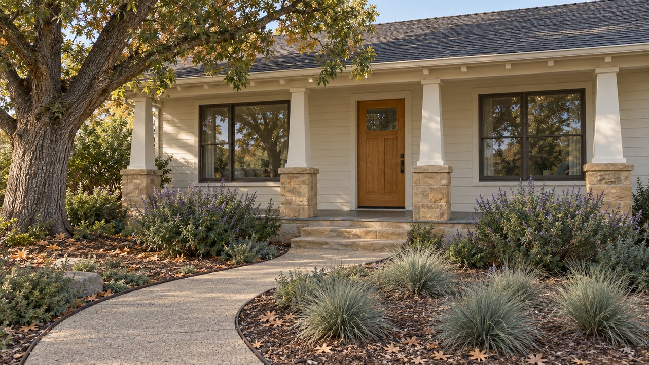 Cream-sided home with a sandstone porch, oak door and curving garden path beneath a mature oak.