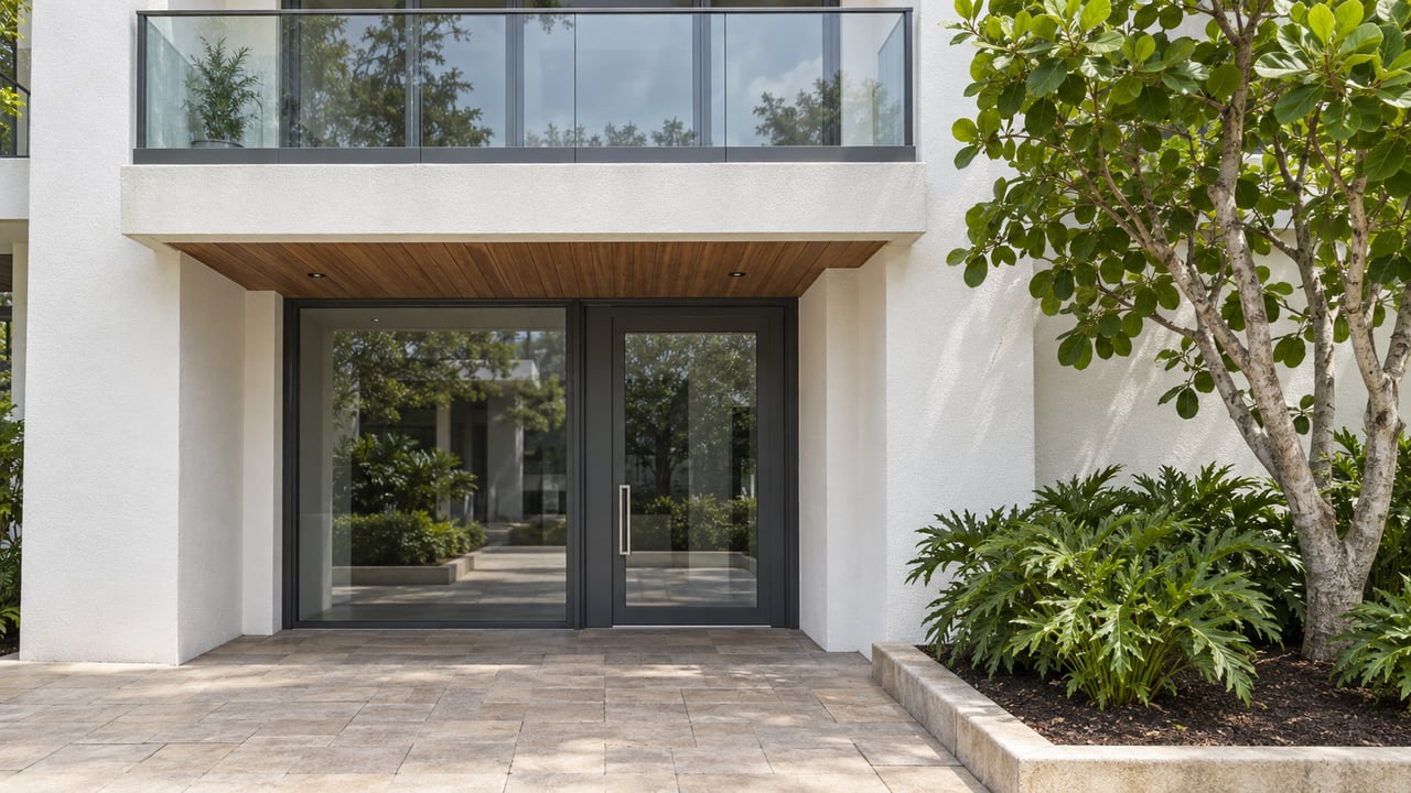 White stucco condominium entrance with charcoal-framed glass doors, a glass balcony, warm wood soffit, and a sea grape tree beside a stone-edged planting bed.