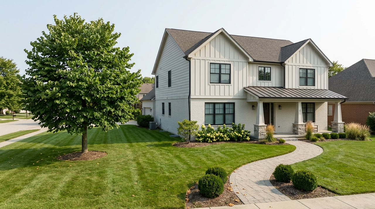 Two-story home with painted brick and upper siding, a curved paver walk, clipped boxwoods, and a leafy katsura tree.