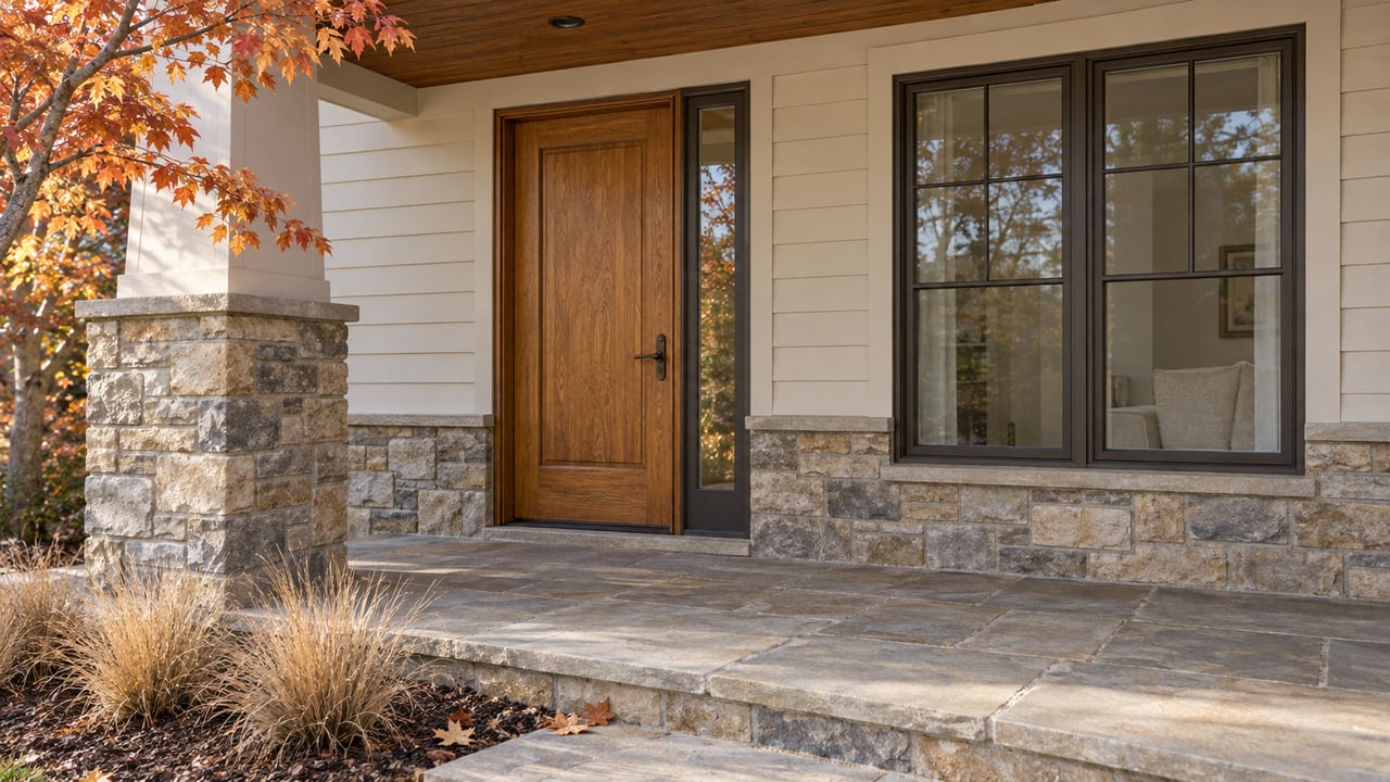 Covered front entry with an oak door, stone-clad pier, sandstone paving and copper autumn leaves.